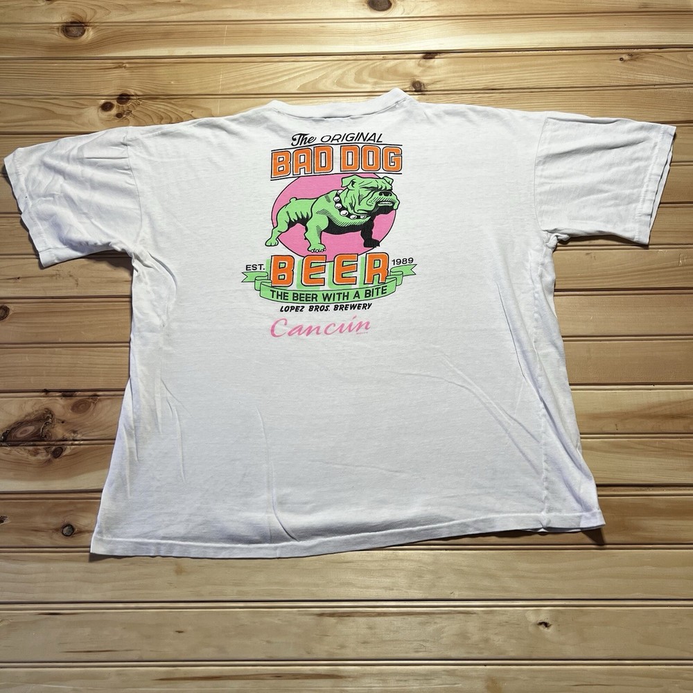 Vintage 80s 1989 Bad Dog Beer Cancun Neon Beach Shirt Size XL