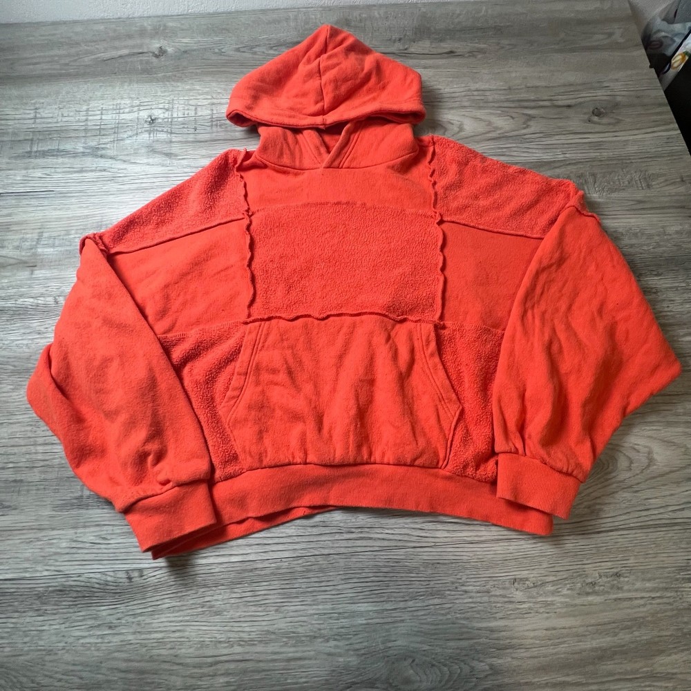 Aerie Patchwork Hoodie Womens Small Orange Oversized Raw Seam Pullover Pocket