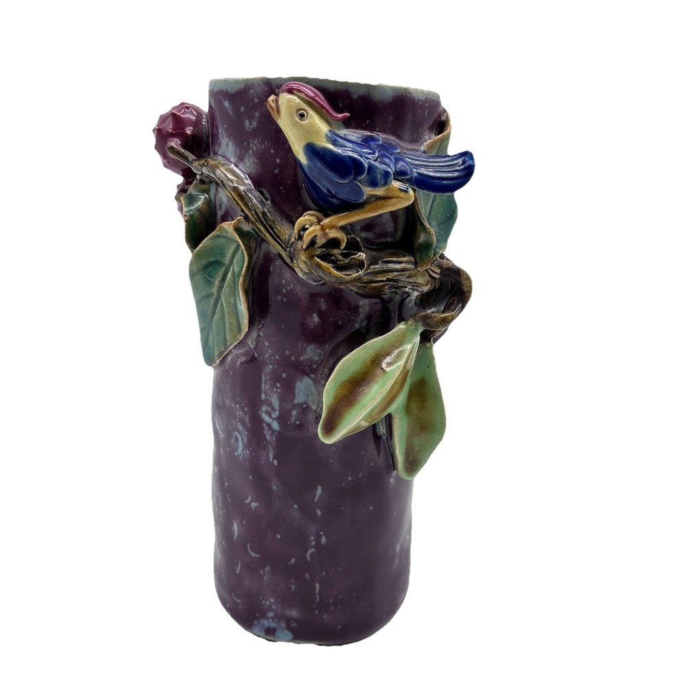Vintage Vase Hand Painted Majolica Style Ceramic with Bird Berries Leaves