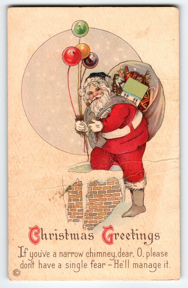 Santa Claus Christmas Postcard Saint Nick Holds Balloons On Roof Top Stecher 745