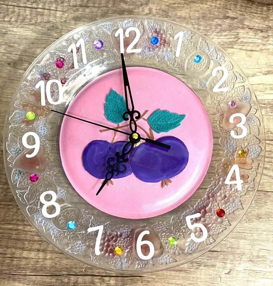 Handmade 10-Inch Floral Painted Glass Wall Clock Silent Sweep Mechanism  