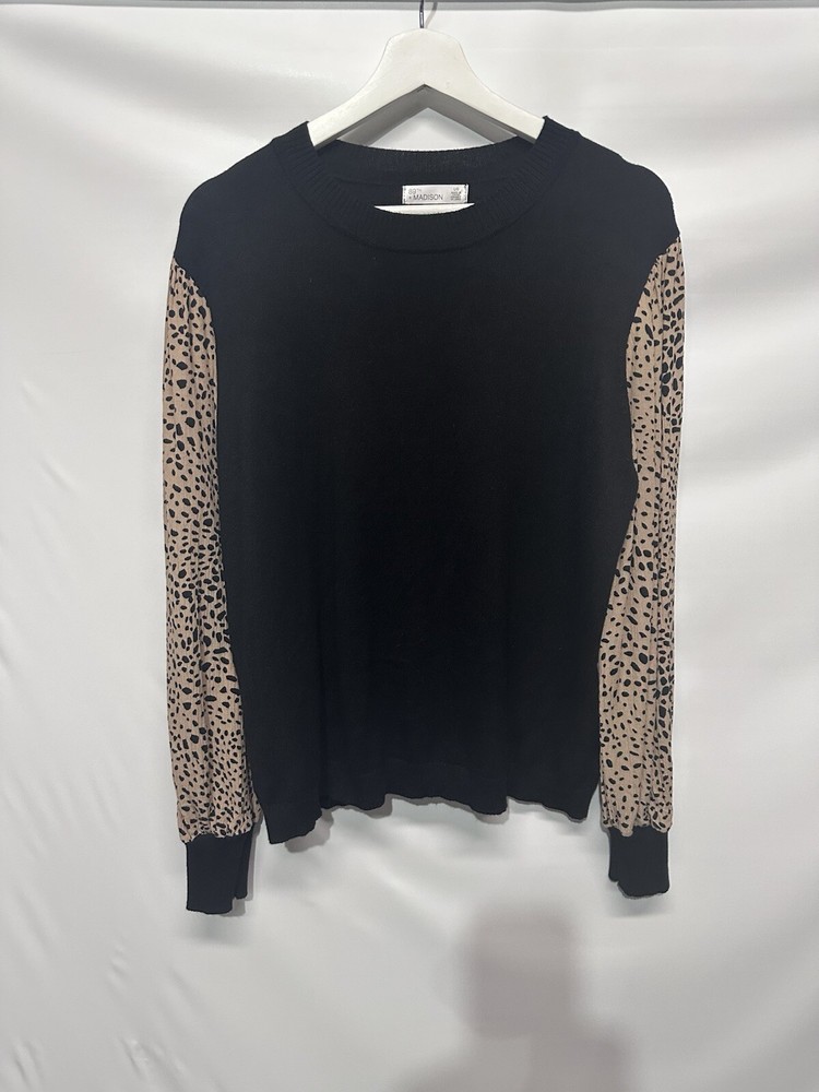 89th & Madison Sweater Top Black & Tan Crew Neck Long Sleeve Pullover L