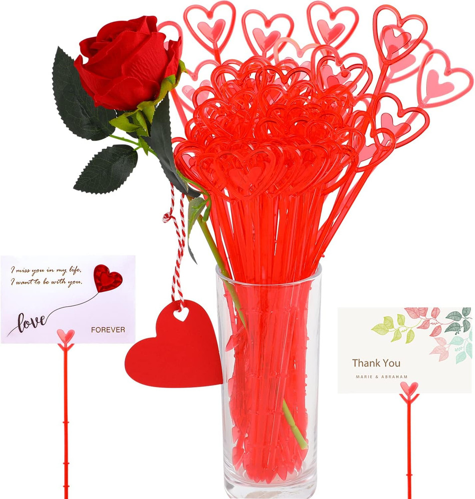 100Pcs Plastic Floral Pick Card Holders Red Heart Shaped Flower Place Card Holde