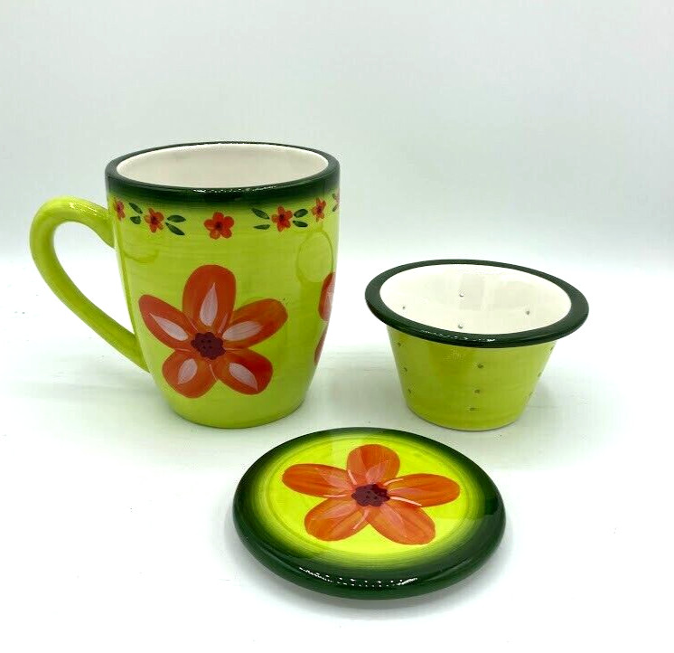 Barnes And Noble Tea Cup Mug Infuser w/Coaster and Lid Green Orange Flowers Boho