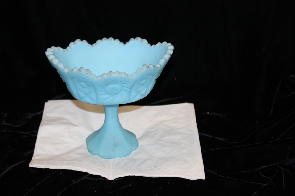 Fenton Vintage Art Glass Blue Pinwheel Satin Footed Compote Bowl Candy Dish MCM