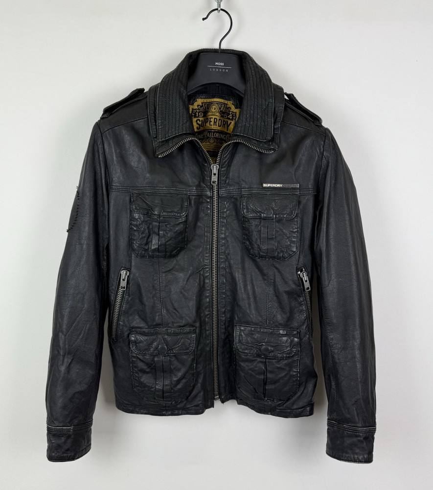Superdry Biker Leather Jacket Mens Size M Brown Full Zip Top Moto Japanese Style