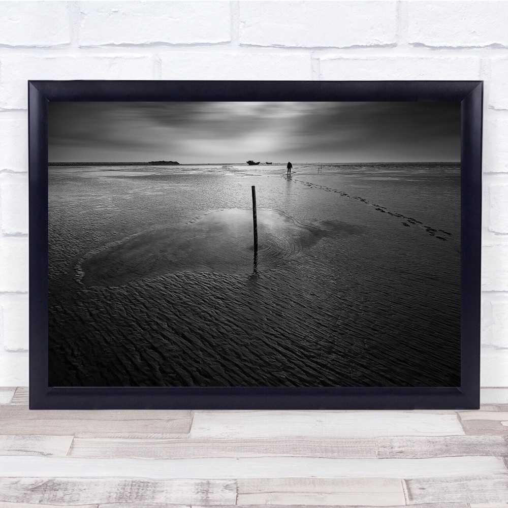 Black & White Water Ocean Beach Pole Sky Landscape Wall Art Print
