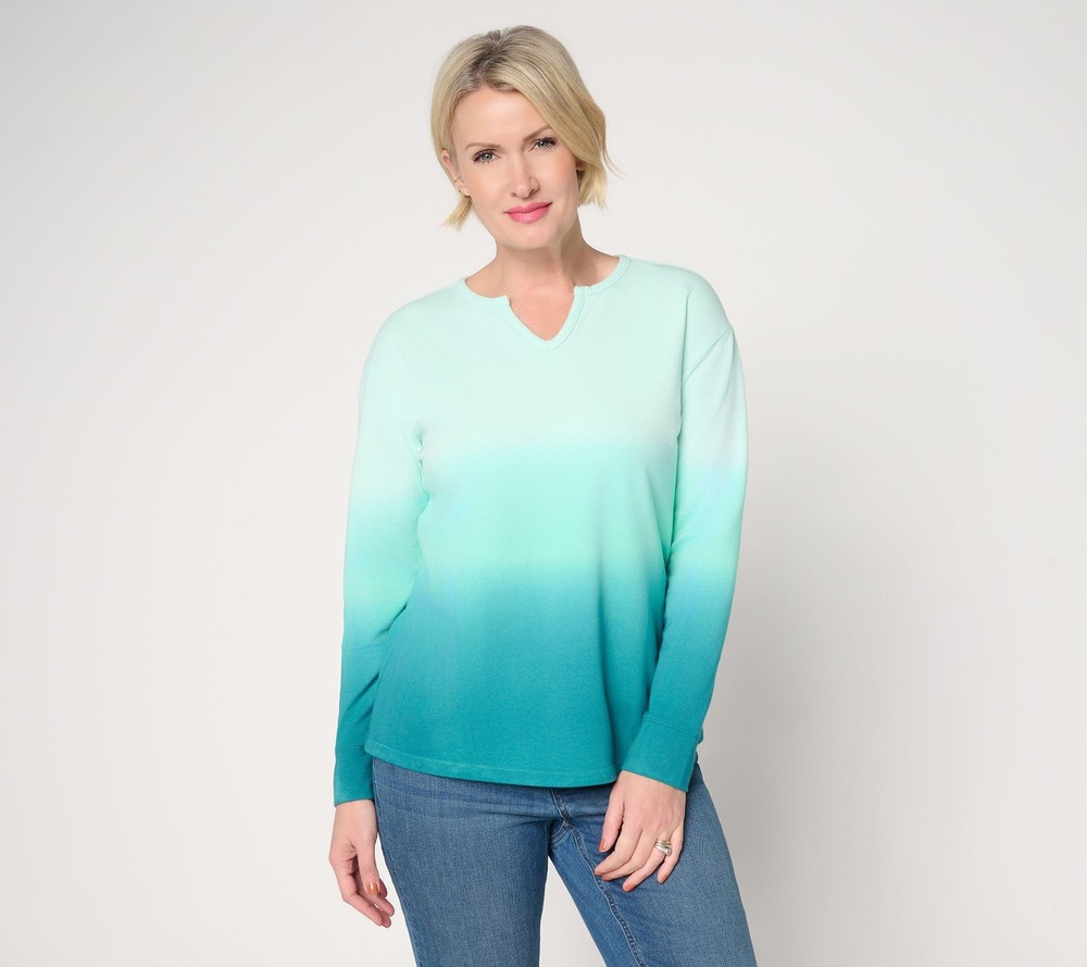 Denim & Co. Women's Top Sz L French Terry Dip Dye Long Sleeve Green A677467