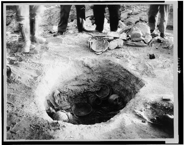 Human skeleton,dog,pottery,burial number 9,house 4,Pueblo historic photo