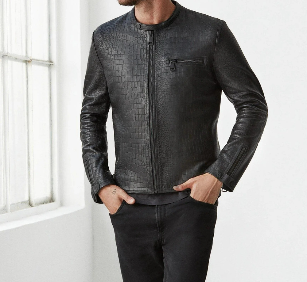 Men’s Black Crocodile Embossed 100% Real Leather Racer Jacket Zip-Up Luxury Coat