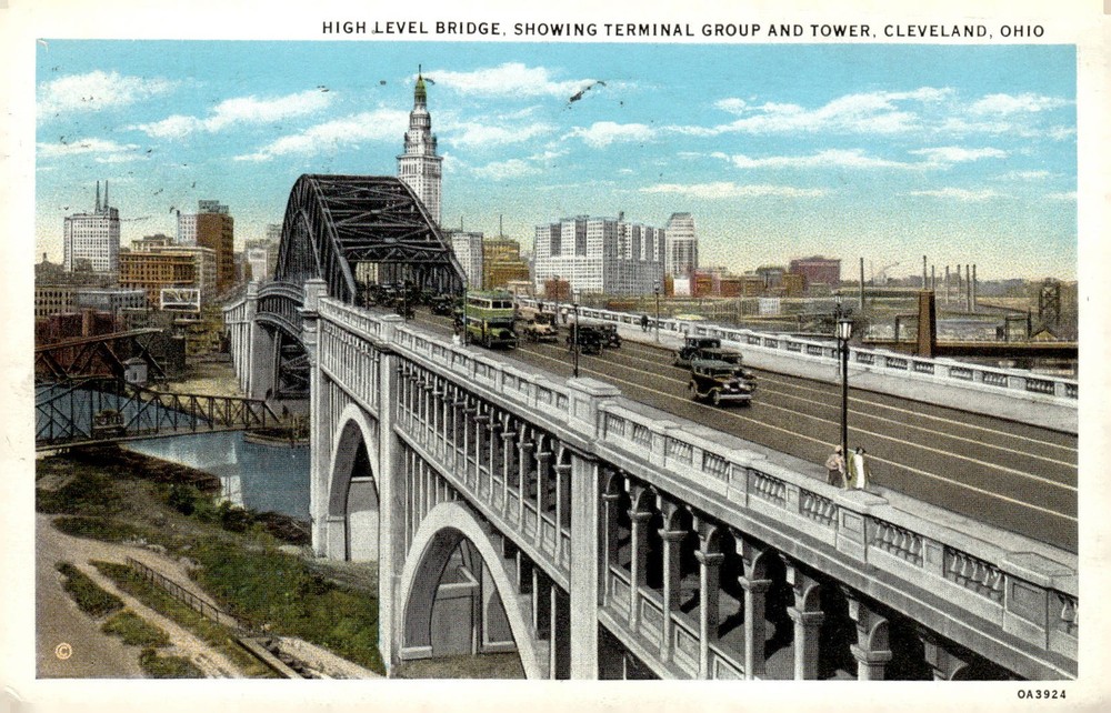 1934 High Level Bridge Terminal Tower Cleveland Ohio Linen Postcard Curt Teich