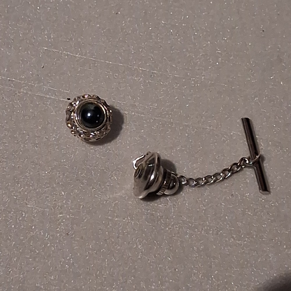 Men's Silver Tone Tie Tack with Round Black Center Stone and Chain
