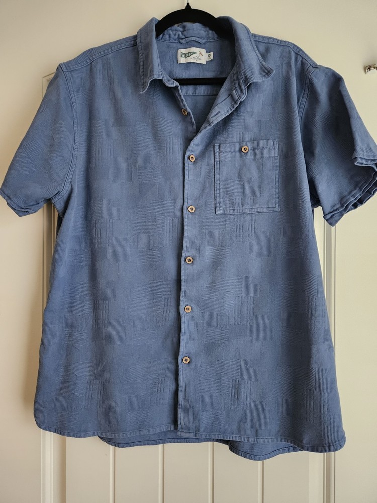 Wellen Men's Short Sleeve Casual Button Up In Dusty Blue Size XL Organic Cotton