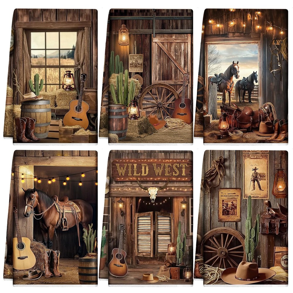 Western Cowboy Scene Kitchen Towel Wooden House Barn Vintage Themed Dish Towel