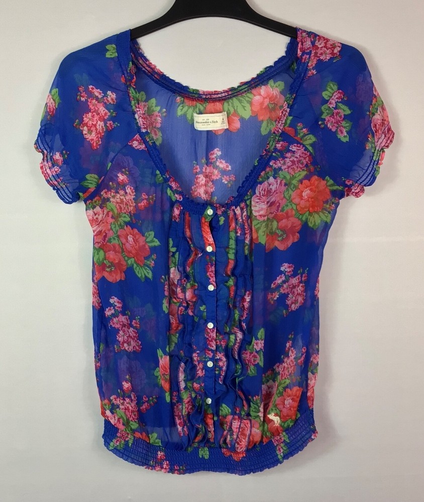Abercrombie & Fitch Blouse Womens Med Blue Floral Sheer Short Sl Buttons Ruffles