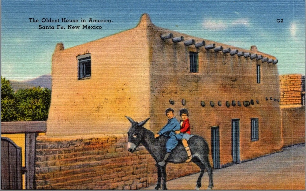 Santa Fe Oldest House America New Mexico Linen Postcard Tichnor Kids Donkey