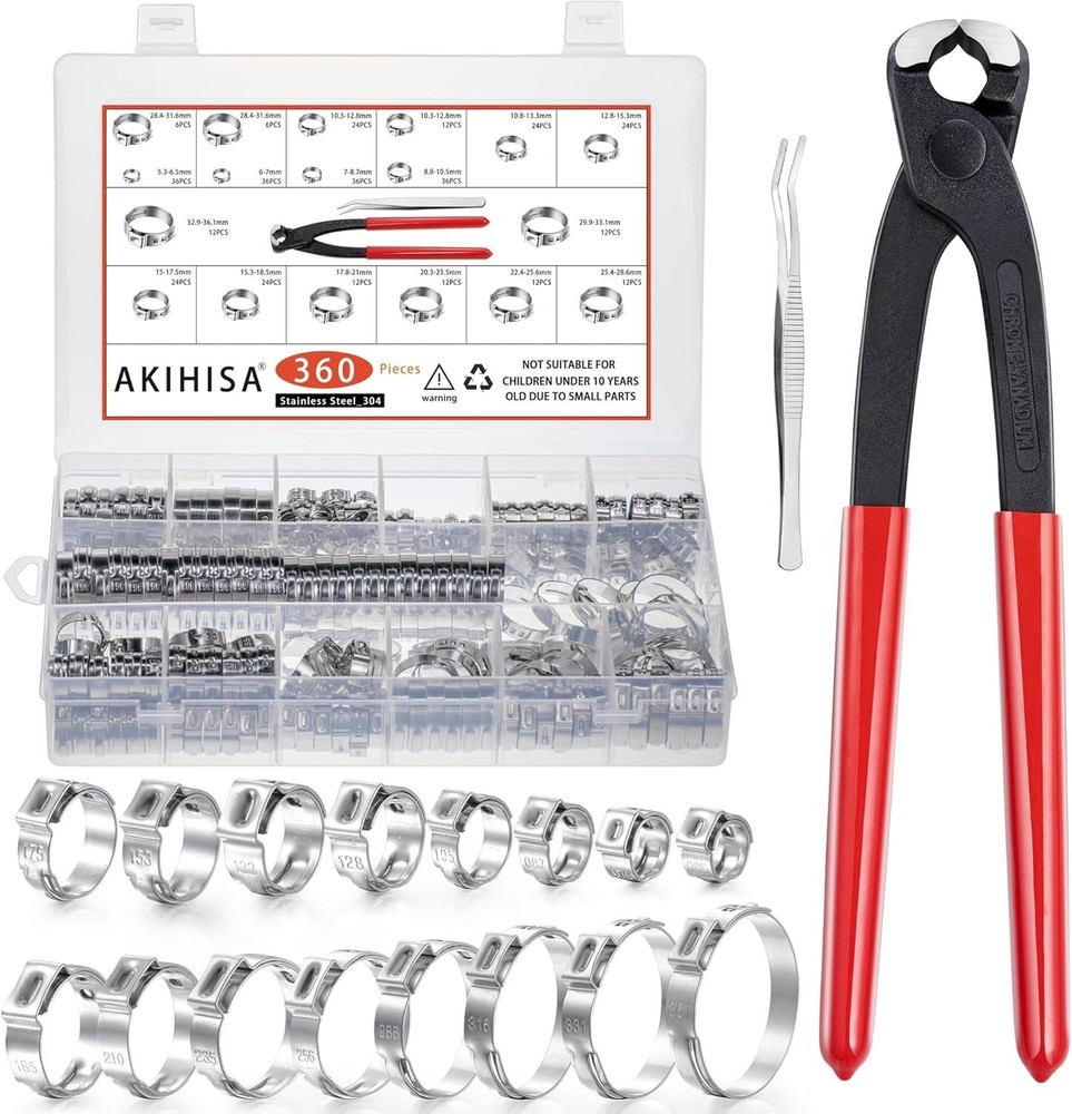 360pcs 16 Sizes Single Ear Hose Clamps, 5.3-36.1mm Stainless Steel_304 Crimp ...