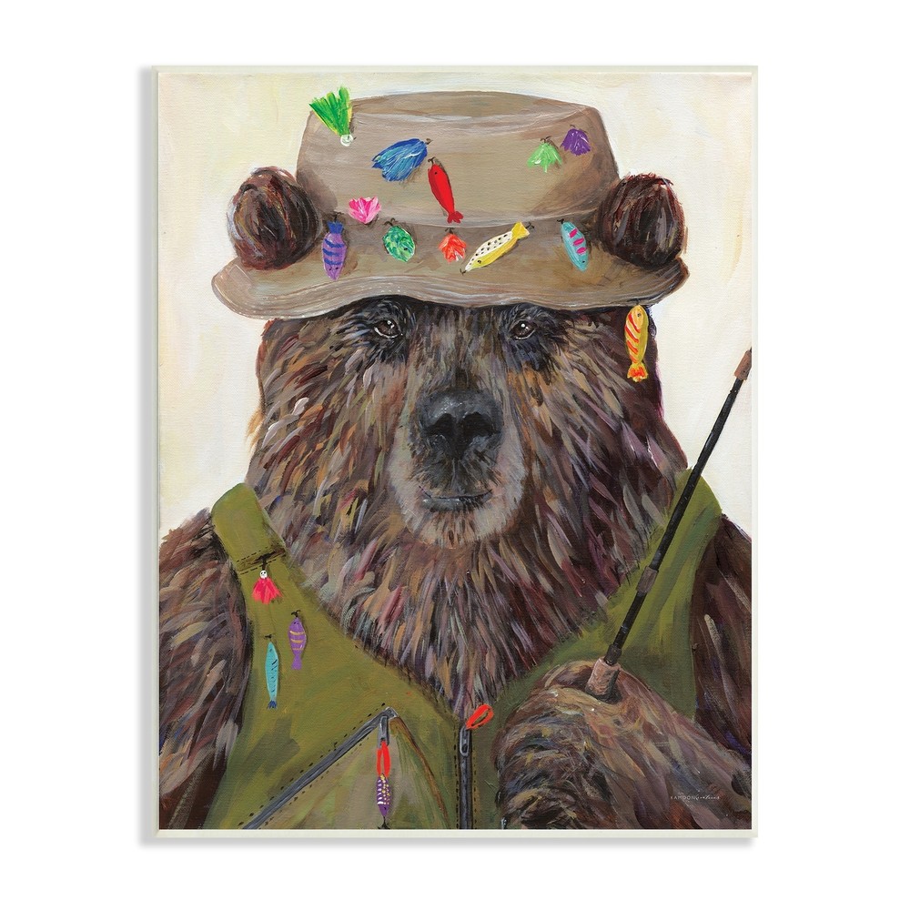 Stupell Brown Grizzly Bear Fishing with Pole Outfit Art