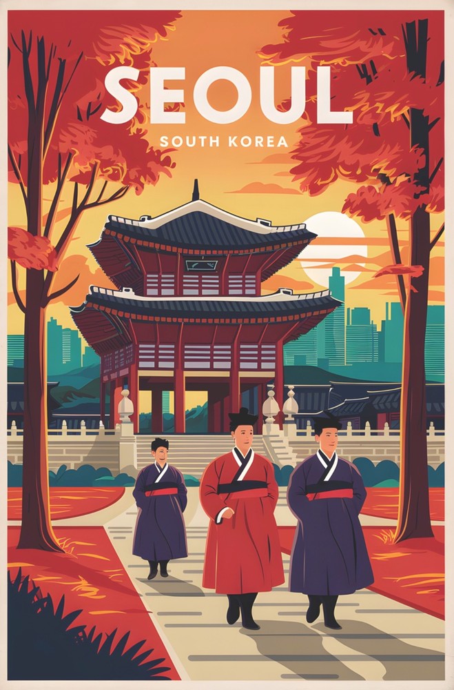 Seoul South Korea Vintage Travel Poster Print Retro Wall Art
