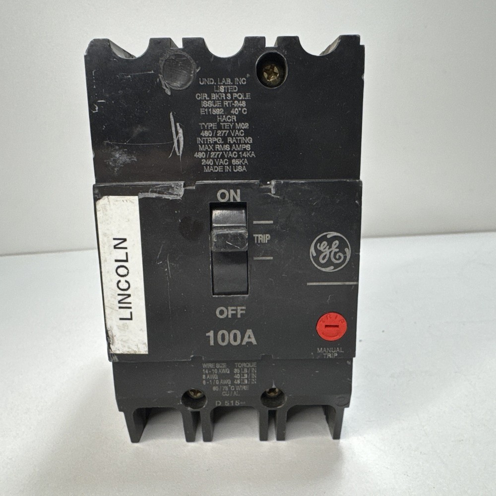 Ge Tey3100 3 Pole 100A 480/277V Bolt On  Molded Case Circuit Breaker