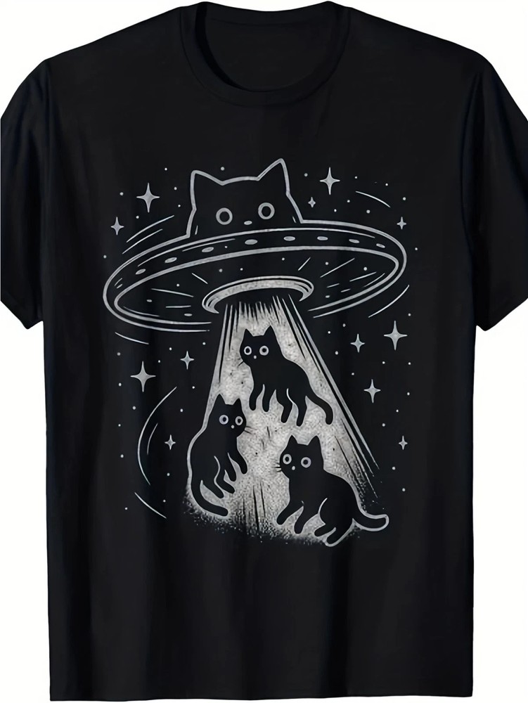 Funny Cat UFO Abduction Graphic T-Shirt Alien Space Cute Kitty Sci-Fi Tee Gift