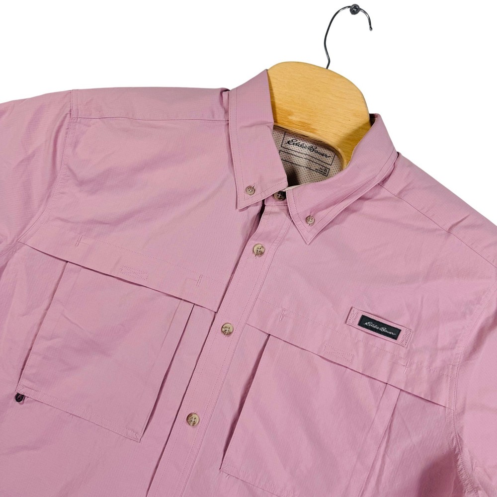 Eddie Bauer Mens XL Pink Short Sleeve Button Down Shirt Outdoor Vented Fishing