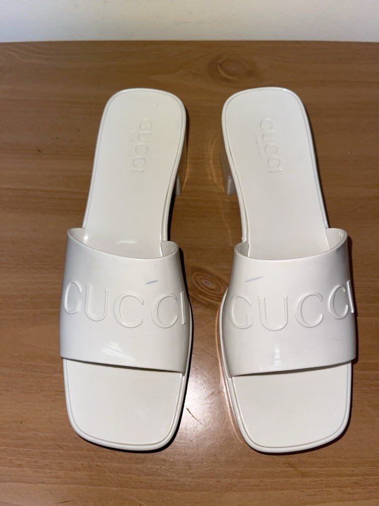 Gucci Rubber Logo Sandals White Glossy Mule Platform Sz US 9 EU 39 Made Italy