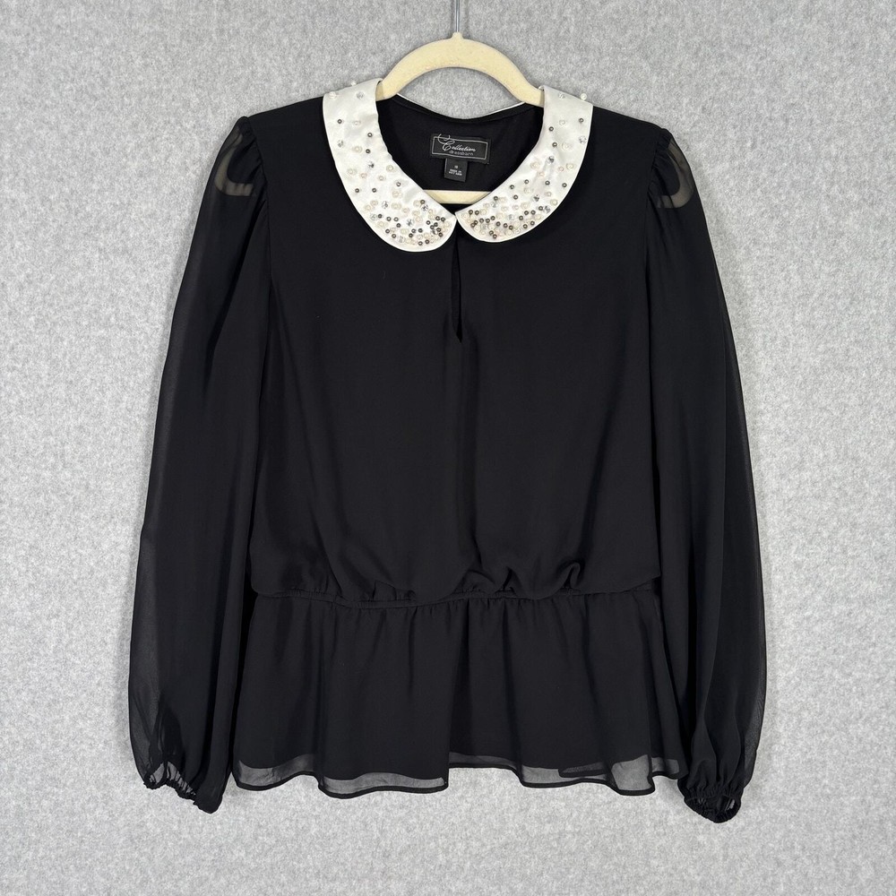 Black Sheer Satin Blouse with Pearl Collar - Witchy Goth Whimsy - Women's Medium 10
