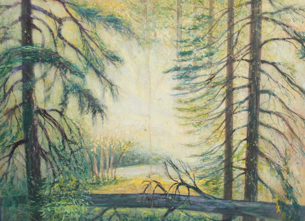 Impressionist pastel painting forest landscape signed