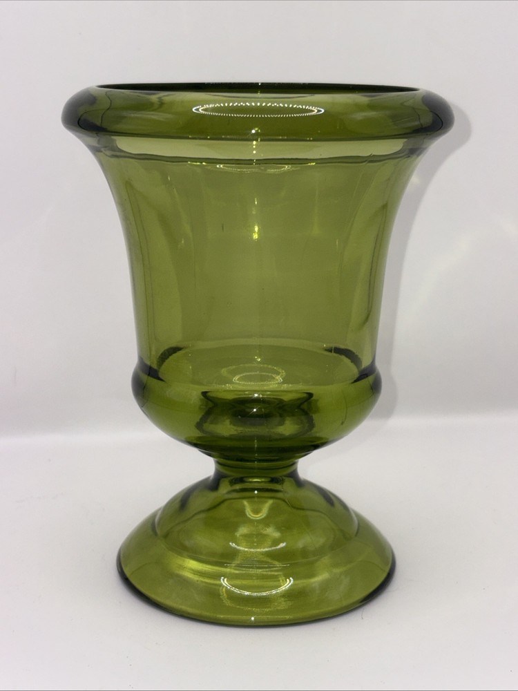 Vintage Indiana Glass Avocado Green Pedestal Urn Vase 6