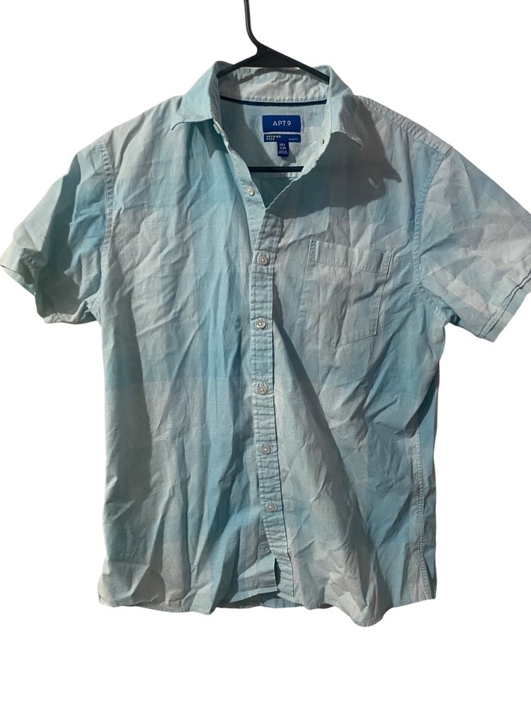 APT. 9 Premier Flex Men's Medium Slim Fit Blue Plaid Button Front Short Sleeve S