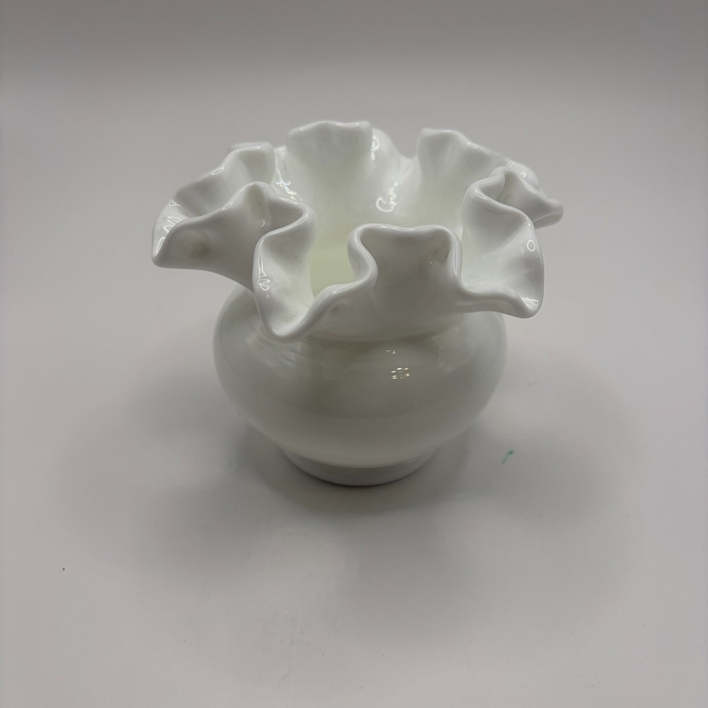 Vintage Fenton White Milk Glass Ruffled Edge Rose Bowl Vase