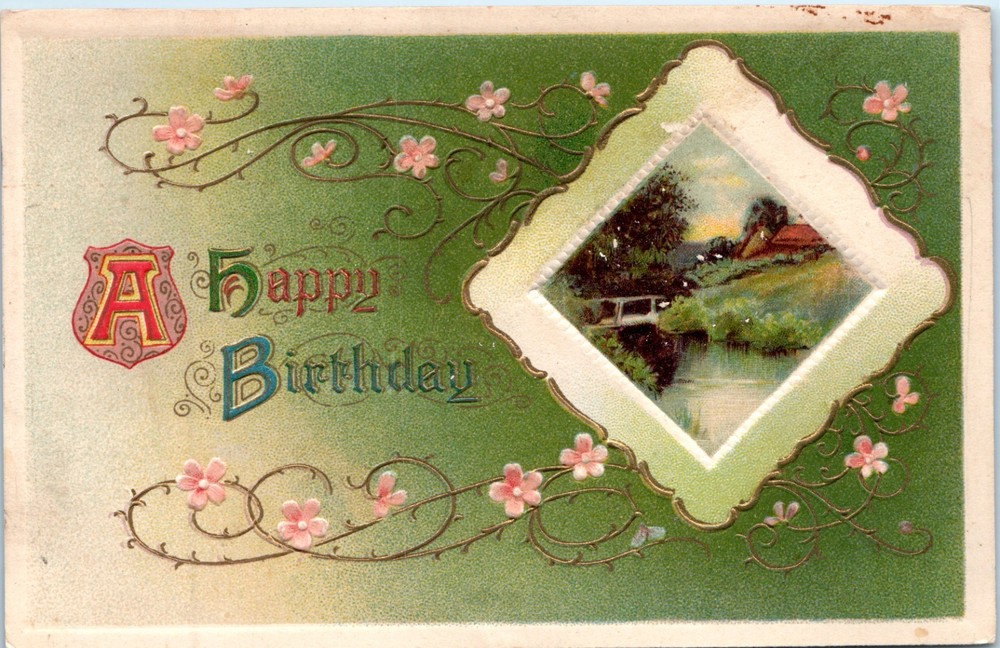 Vintage - Lovely Art Nouveau Green Nature Embossed Birthday - Postcard - P12