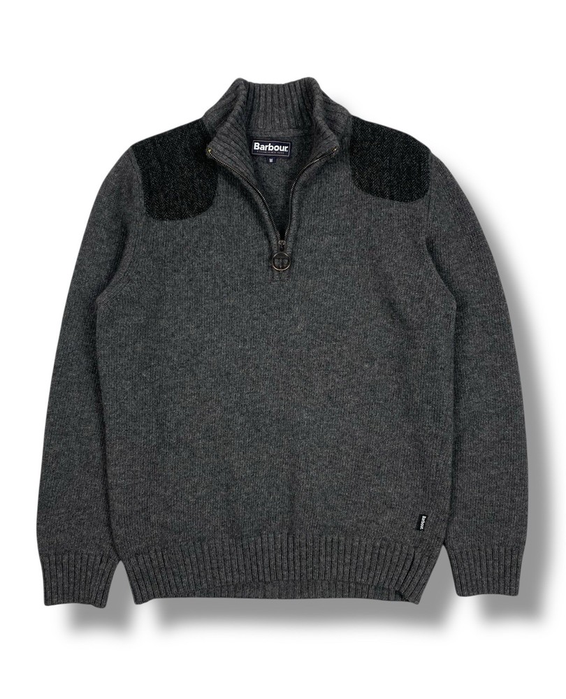 Barbour Mens 100% Wool Half Zip Sweater Knit Elbow Patch Grey Size M