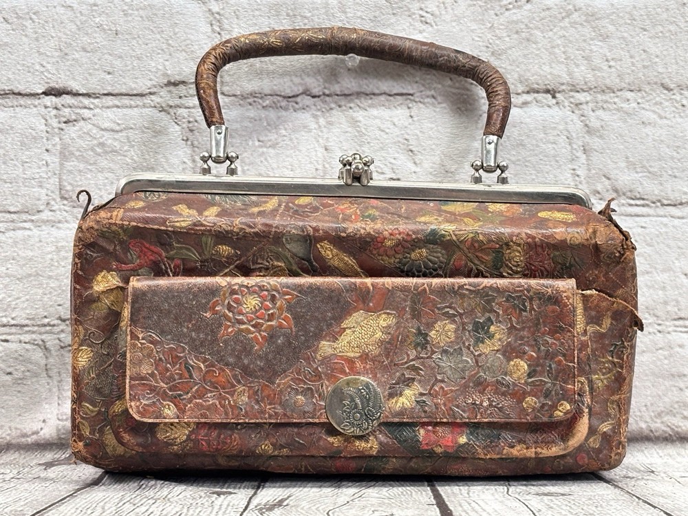 Antique Embossed Leather Handbag Fish Motif Frame Purse c1890s-1910s As Is