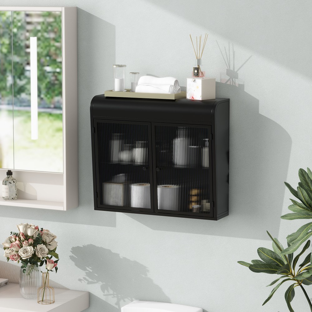 2 Door Wall Mounted Metal Storage Cabinet W Tempered Glass Doors Shelves