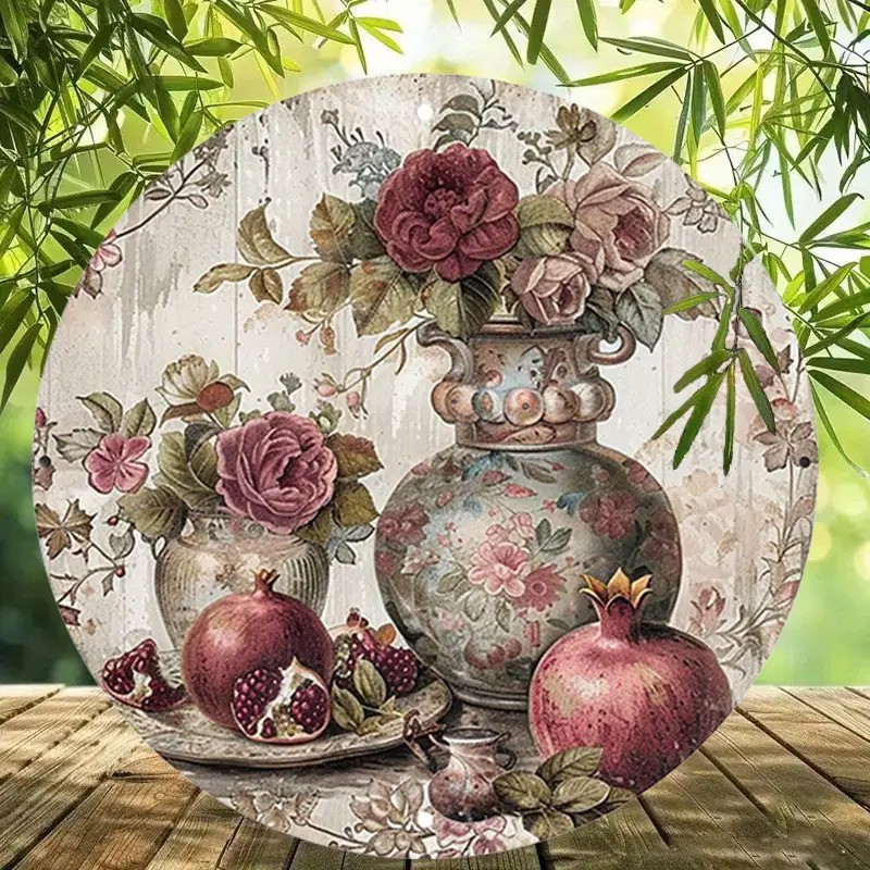 Vintage Country Style Round Aluminum Sign Floral Fruit Basket