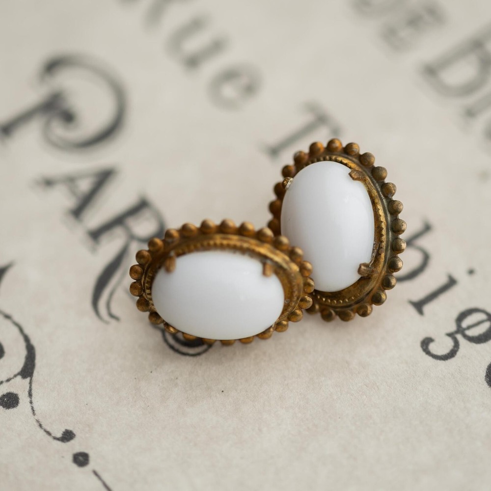 Vintage Miriam Haskell White Glass Cabochon Clip On Earrings Gold Tone Signed