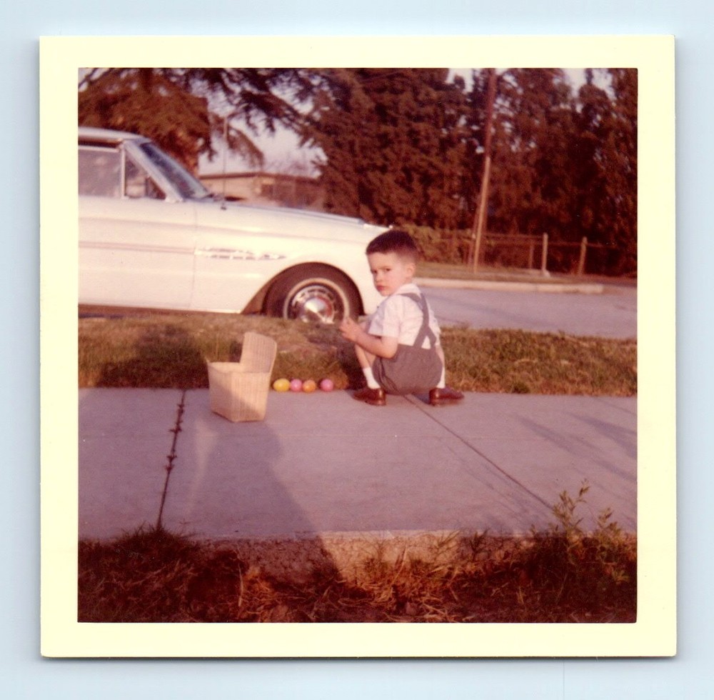 Old Vintage Square Color Photo SOLO BOY BY CLASSIC CAR EASTER EGGS SHADOW PIC