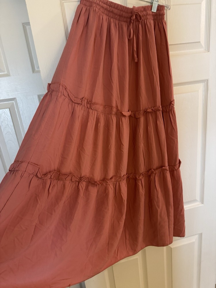 Boho Tiered Midi Maxi Skirt Elastic Waist Cottagecore Dusty Rose Pink Sm