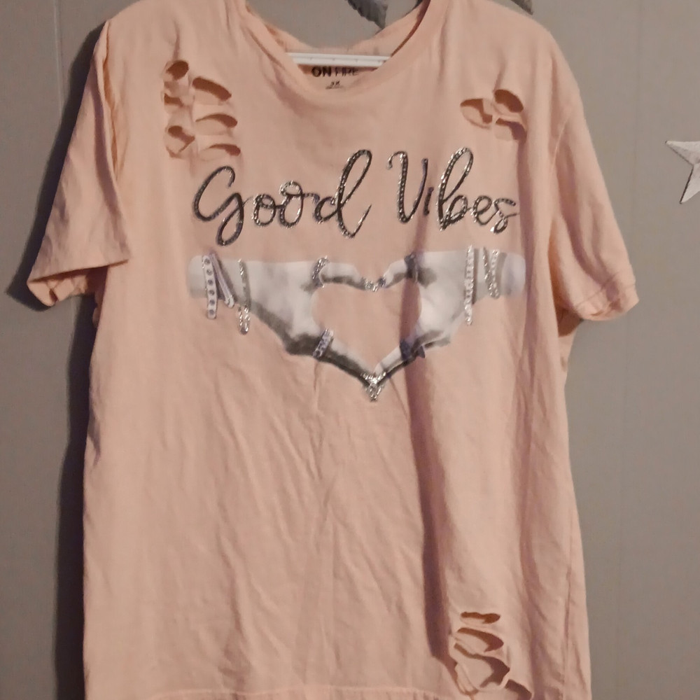 Onfire Women's 3X Pink Good Vibes Graphic Rhinestone Distressed Cotton Tee
