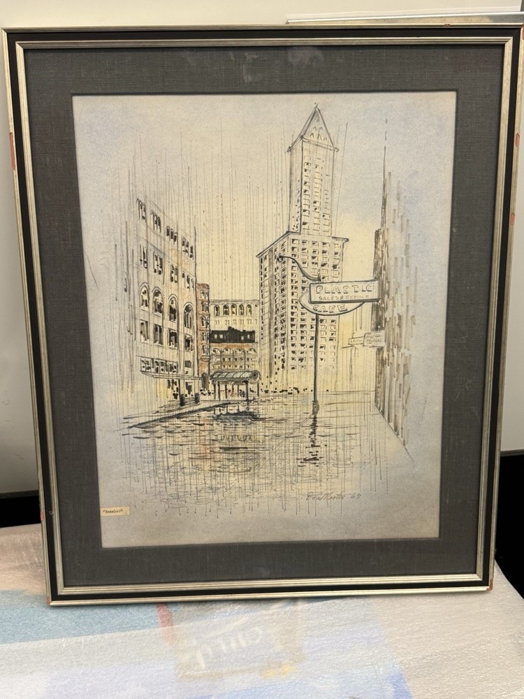 Donal Martin Signed 1963 “Yesler” Seattle Cityscape Urban Art - Framed