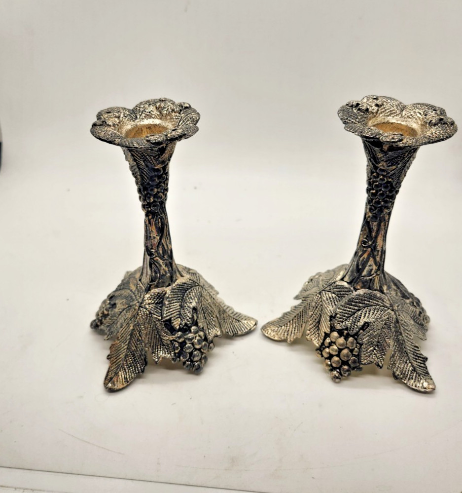 Vintage Ornate Silver Plate Grape Cluster Candle Holders Set 2 Taper grapes
