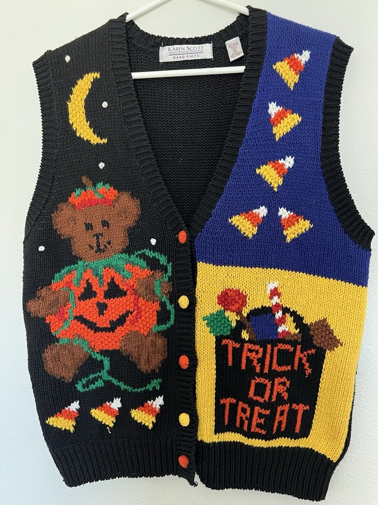 Karen Scott Halloween Knit Sweater Vest Teddy Bear Pumpkin Candy Corn Vintage