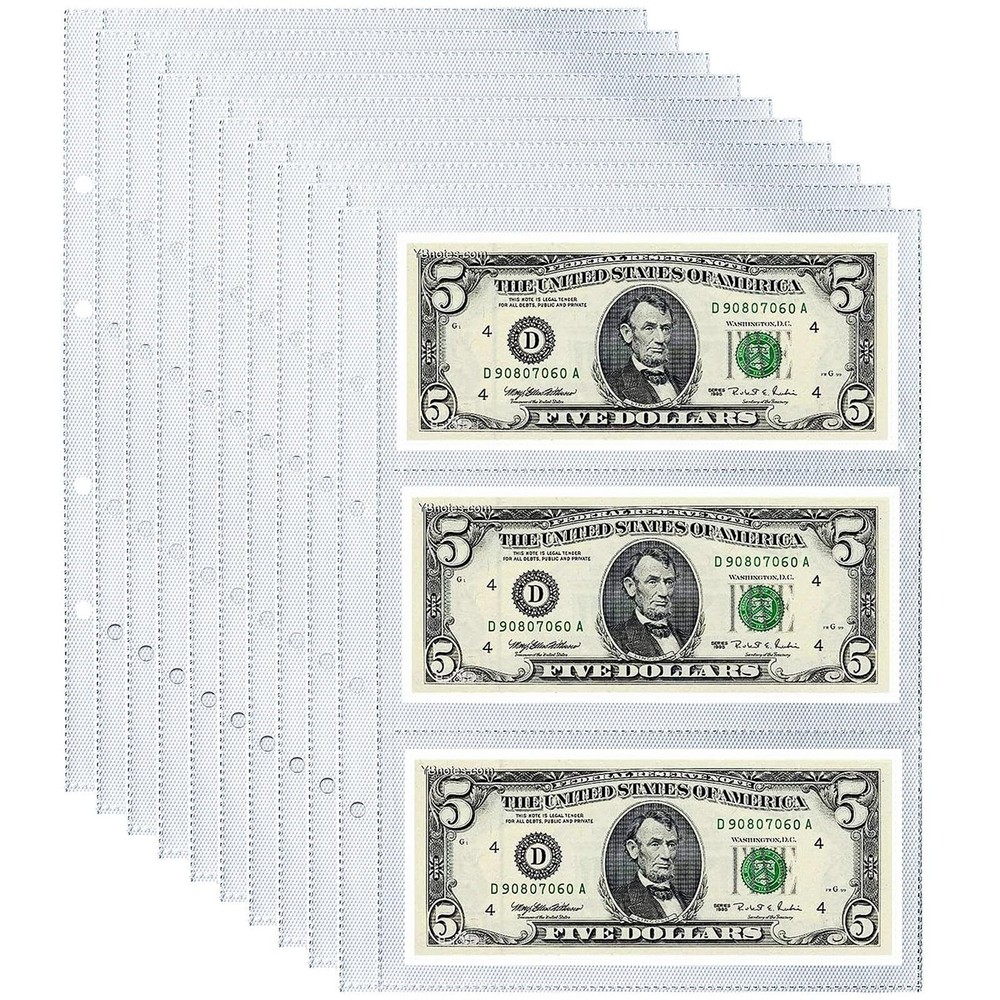 10 Sheets 60 Pockets Paper Money Collection Pages,Currency Sleeves,Currency H...