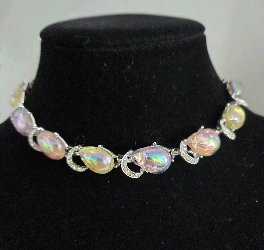 Vintage Rhinestone Silver Tone Necklace MCM Estate Pastel AB Cabs