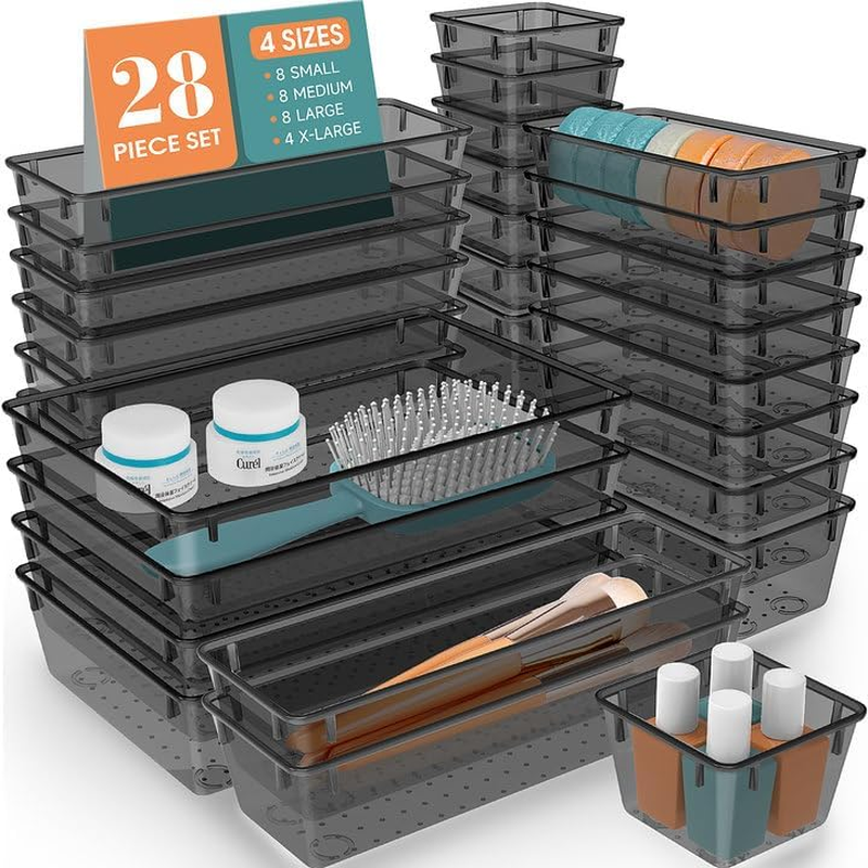 28 PCS Clear Plastic Drawer Organizer Set, 4 Sizes Desk Drawer Divider Organi...