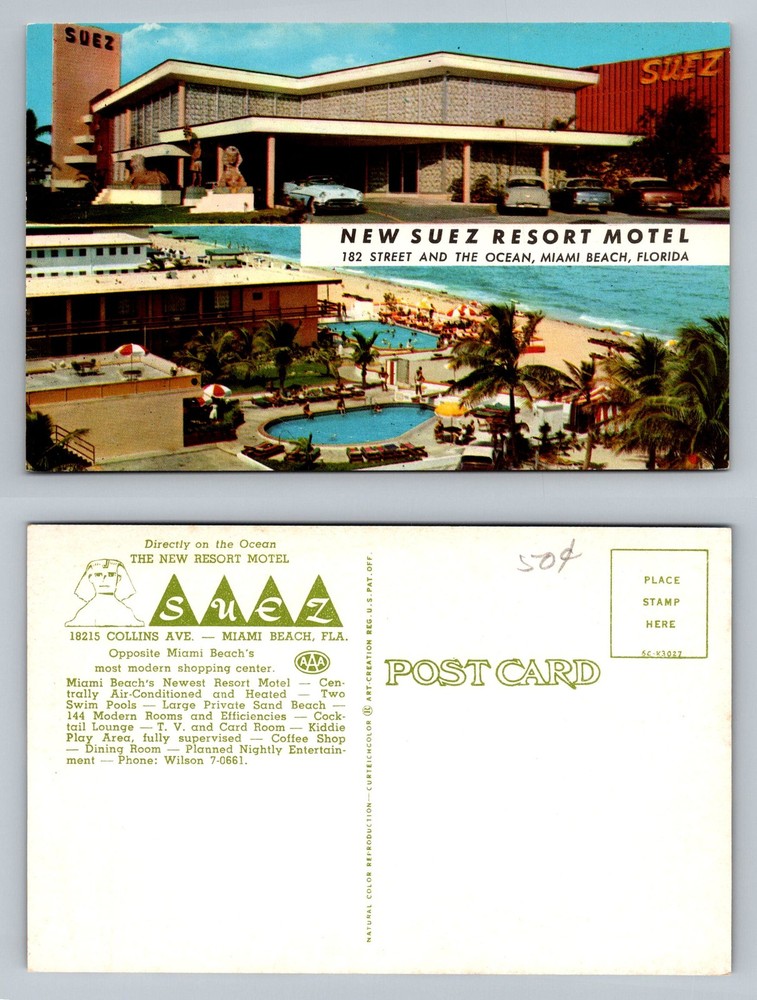 Miami Beach, FL-Florida, New Suez Resort Motel Ocean Pool Beach Vintage Postcard