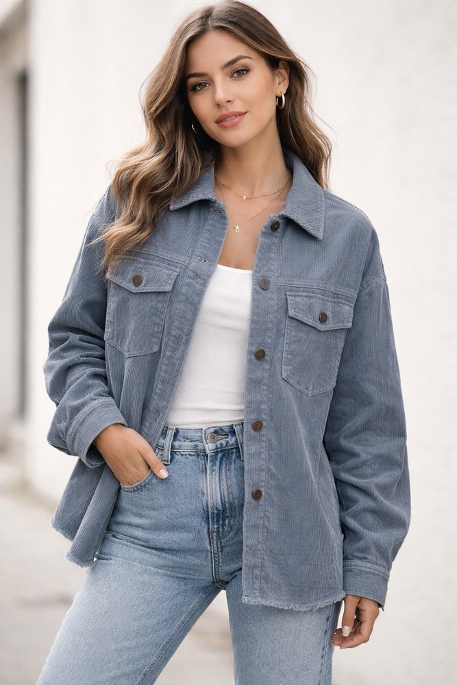 Zara Blue Gray Corduroy Overshirt Jacket Button Front Shacket Size S