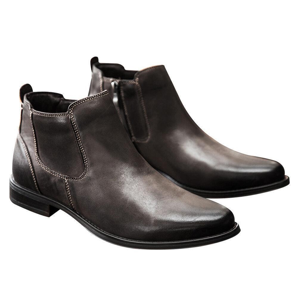 Men's Leather Chelsea Work Boots with Block Heel and Round Toe